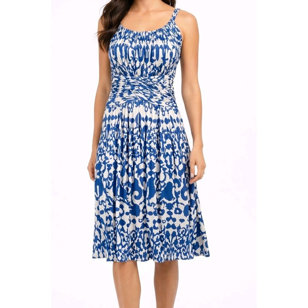 Cynthia Steffe‎ Dress Sz M Blue Ivory Print Ruched Waist Sleeveless Summer Lined
